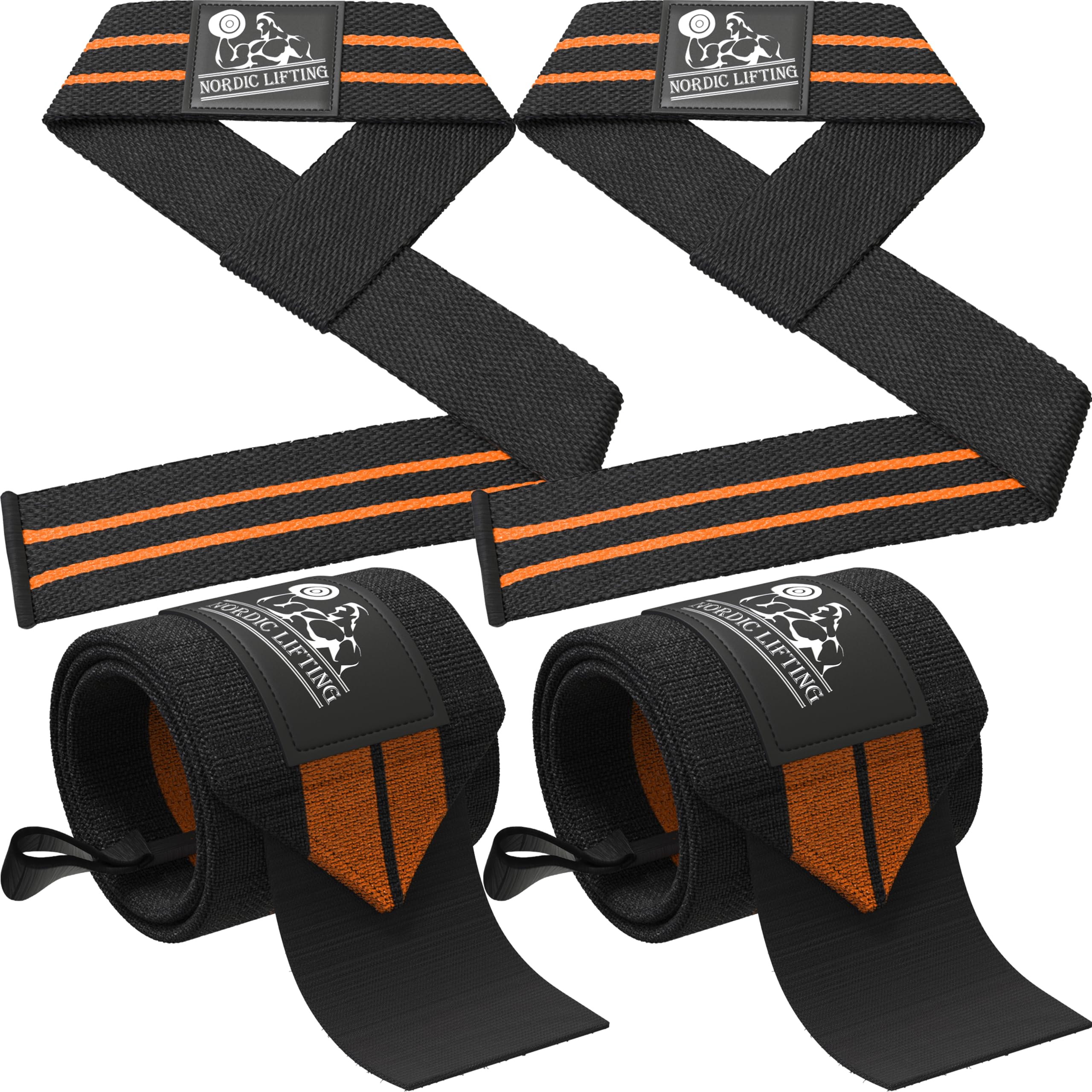 Wrist Wraps + Lifting Straps Bundle (2 Pairs) for Weightlifting & Crossfit, Orange