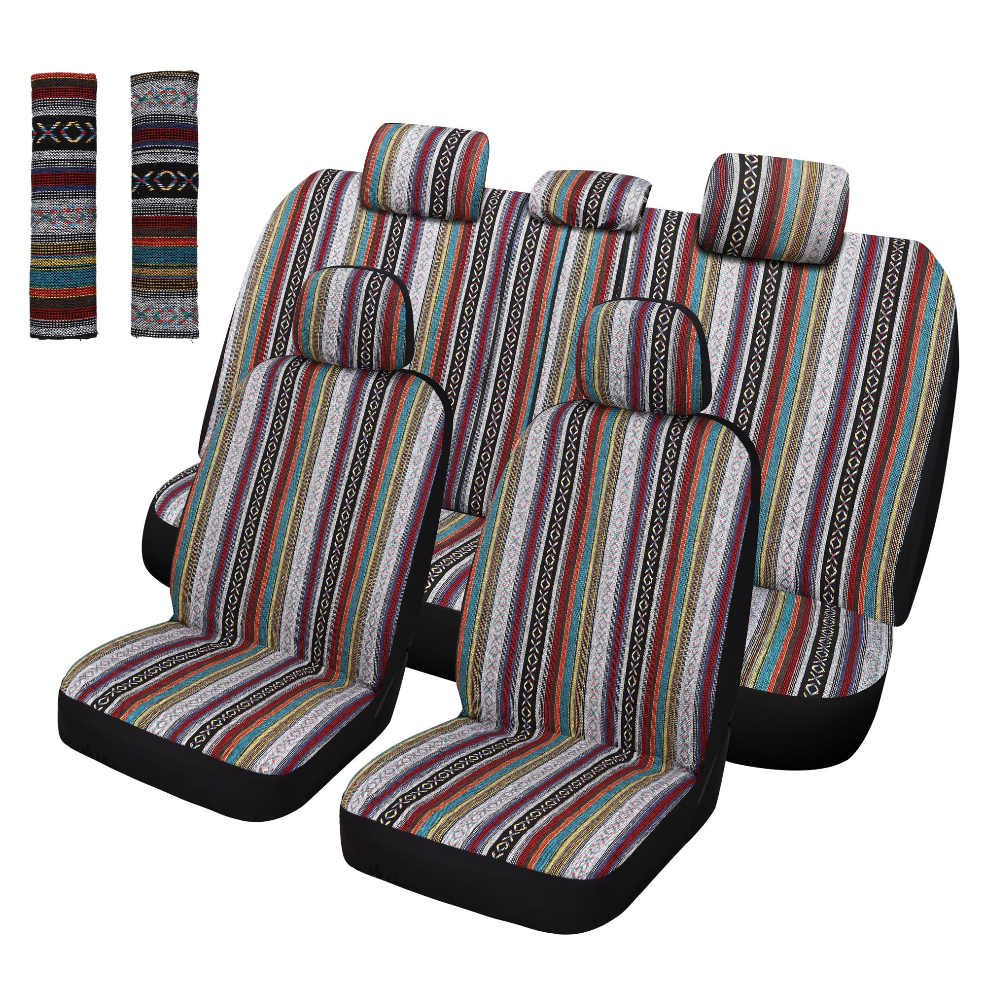 Photo 1 of Pariitadin Baja Saddle Blanket Car Seat Covers Full Set with Seat Belt Pads, Washable Breathable Striped Woven Cloth Seat Covers for Cars Interior, Universal Fit Most Cars, Airbag Compatible, Red
