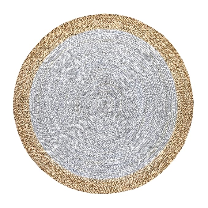 Green Decore Handgefertigte geflochtene runde Naturfaser Jute Teppich, Natur (200 cm Durchmesser, Oculus hellgrau)