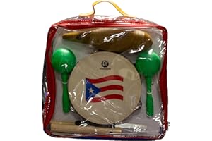 DP Music Parranda Kit Percussion with Carrying Bag - Puerto Rico Flag 8 Inches Tambourine - Claves - Plastic Güiro & Maracas (Maracas Green)