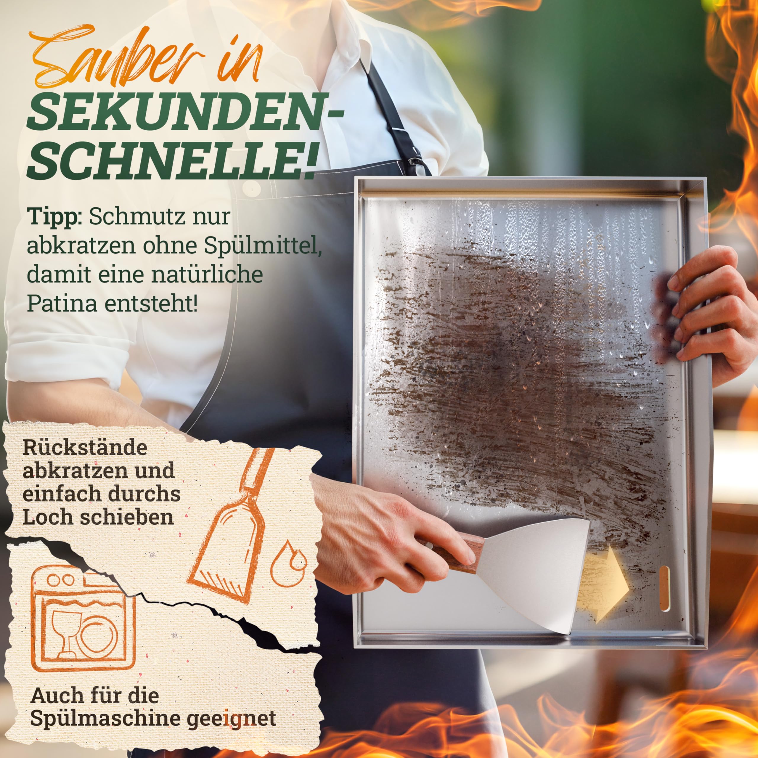 LIKAYA® Plancha Grillplatte [30x40cm] mit 2x Grillspachtel mit FSC-Akazienholzgriff Grillzubehör | Verzugsfreier Edelstahl | Plancha Gasgrill Kohlegrill | Geschlossene Ecken ohne Auslaufen 6