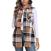 MoFiz Womens Long Flannel Plaid Vest Fall Winter Button Down Sleeveless Shacket Shirt Cardigan Coat With Pockets