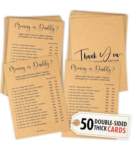 WOODAMORE Baby Shower Trivia Game - 50 Gender-Neutral Question Cards, Fun Activity For Parties, Family & Friends