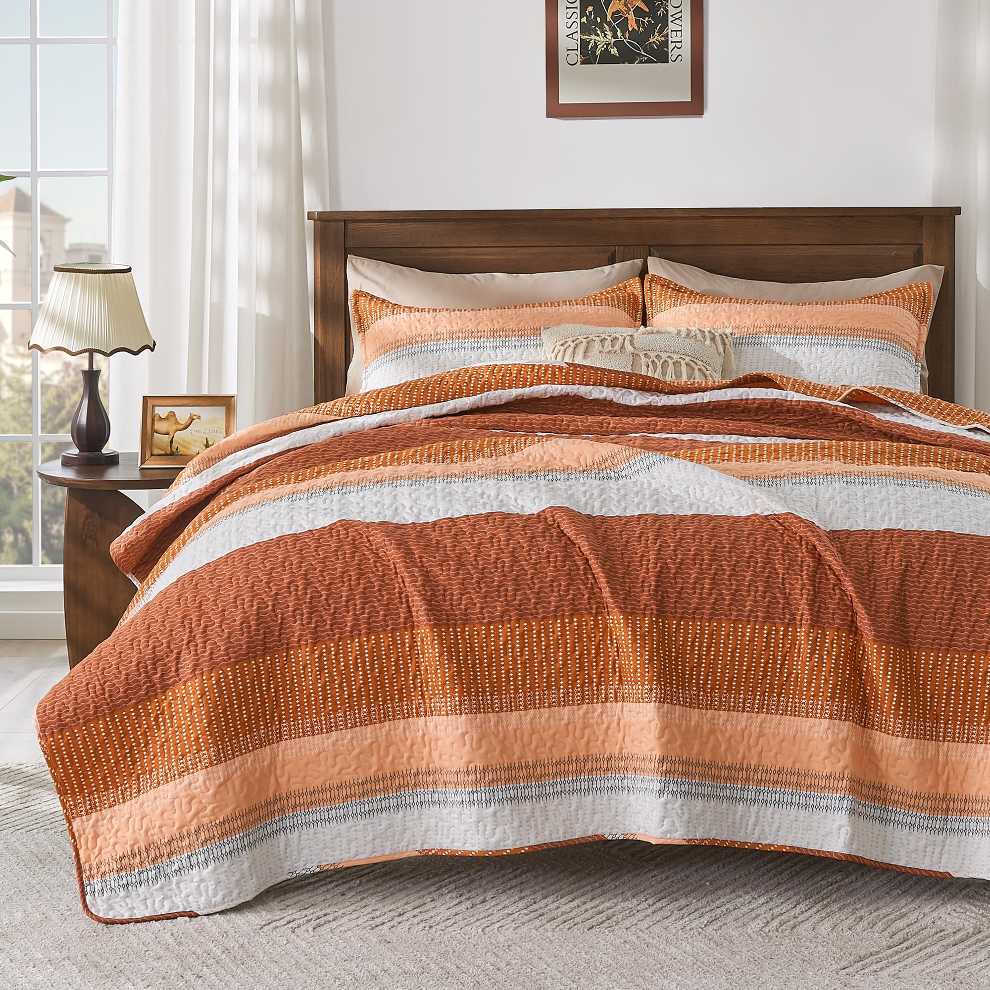 Photo 1 of Andency Orange Quilt Cal King(104x112Inch), 3 Pieces (1 Striped Quilt and 2 Pillowcases) Patchwork Striped Bedspread Coverlet Set, Soft Microfiber Lightweight All Season Quilted Bedding Set