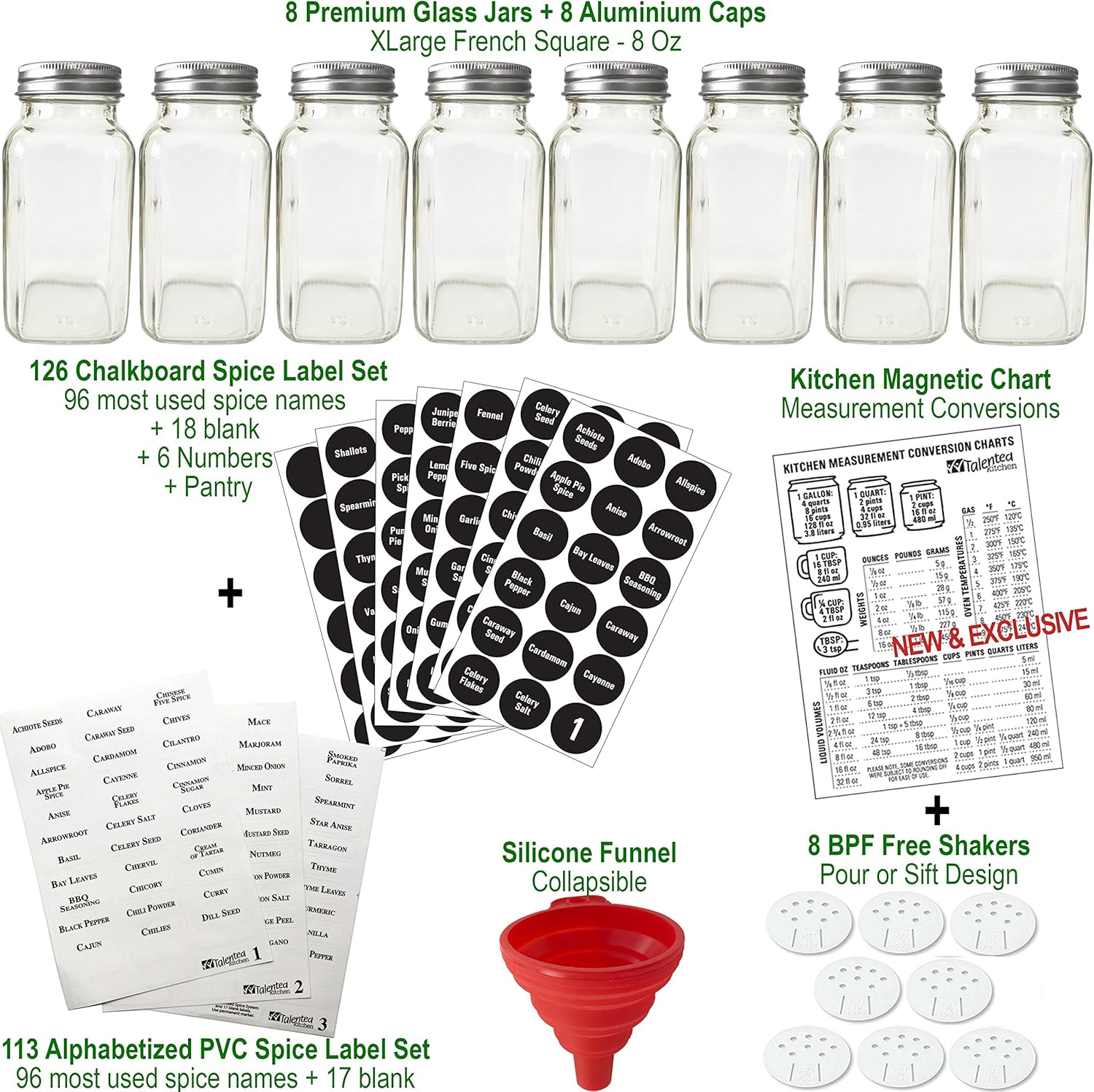 8 XLarge 8oz Glass Spice Jars w/2 Types of Printed Spice Labels. Premium Commercial Grade Set: Empty Square Jar, Airtight Cap Chalk & Clear Stickers Pour Sift Shaker by Talented Kitchen (8oz JARS): Home Improvement