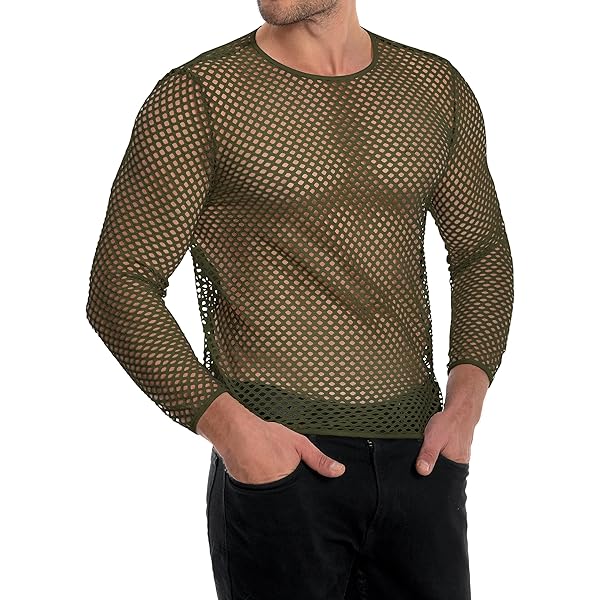 WDIRARA Men's Fishnet Sheer Long Sleeve Shirt - See-Through Mesh Top With Notch Neck, For Club, Party, Rave