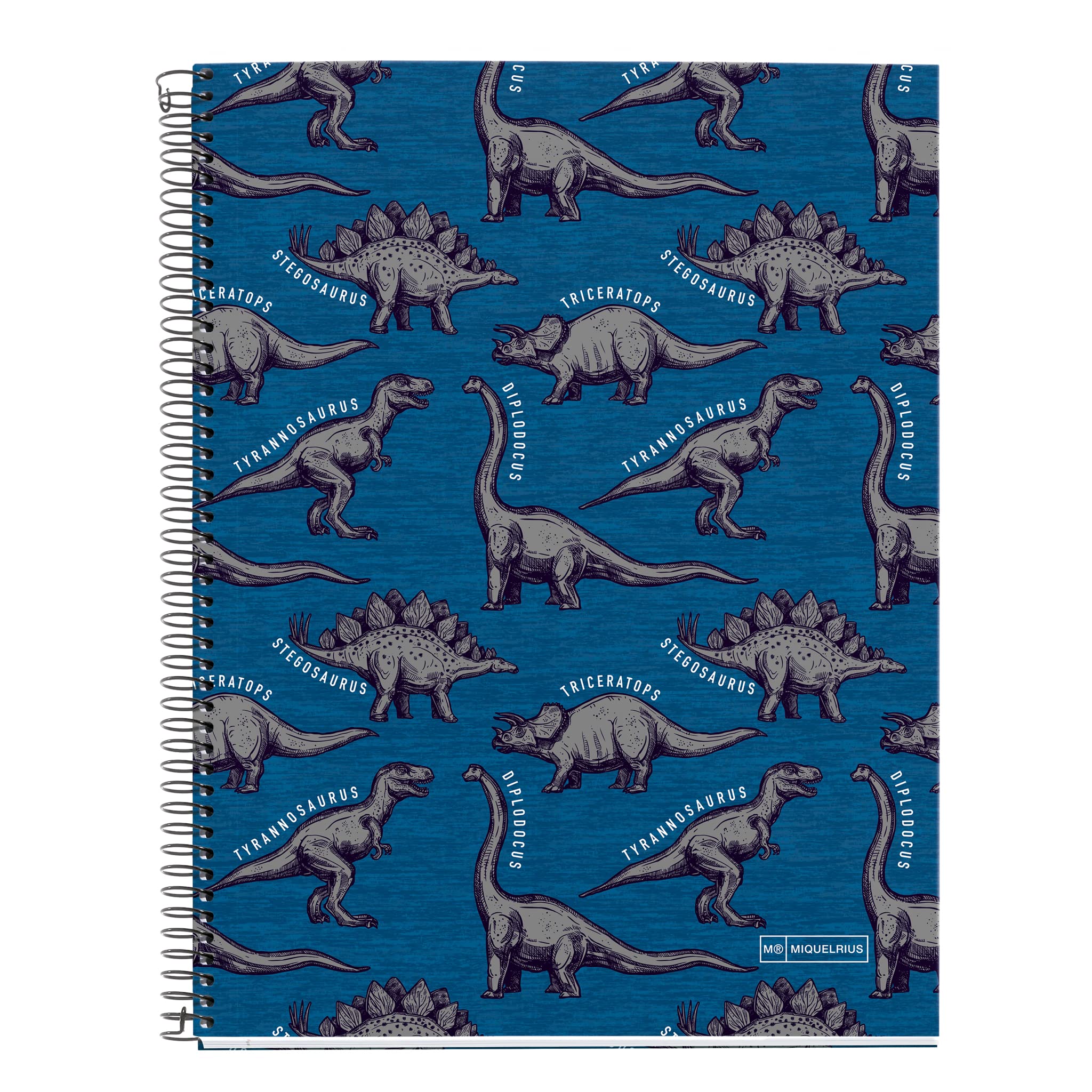 Miquelrius - A4 Notebook, 4 Colour Strips, 140 Sheets, 5 x 5 mm Grid, 4 Holes, Micro-Perforated, Hard Cover, Wild Dino