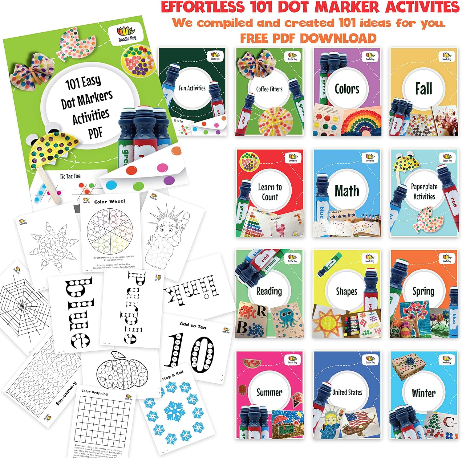 Washable 8 Colors Dot Markers Pack Set. Fun Art Supplies for Kids, Toddlers and Preschoolers. Non Toxic Arts and Crafts Supplies. Includes 200 Plus Fun Downloadable Coloring PDF Sheets (8 Pack): Arts, Crafts & Sewing