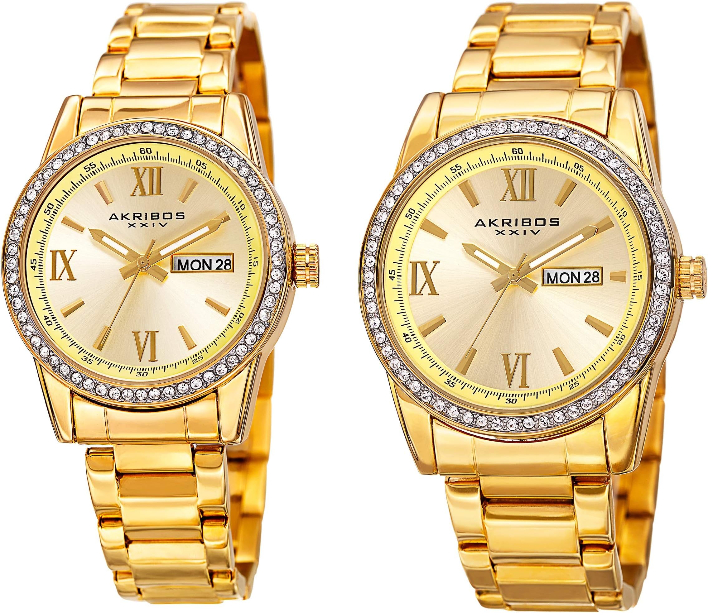 Akribos XXIV Men's and Women's Watch Matching Set - His and Her and Crystal Filled Watch Roman Numerals with Date Window on Stainless Steel Bracelet - AK888
