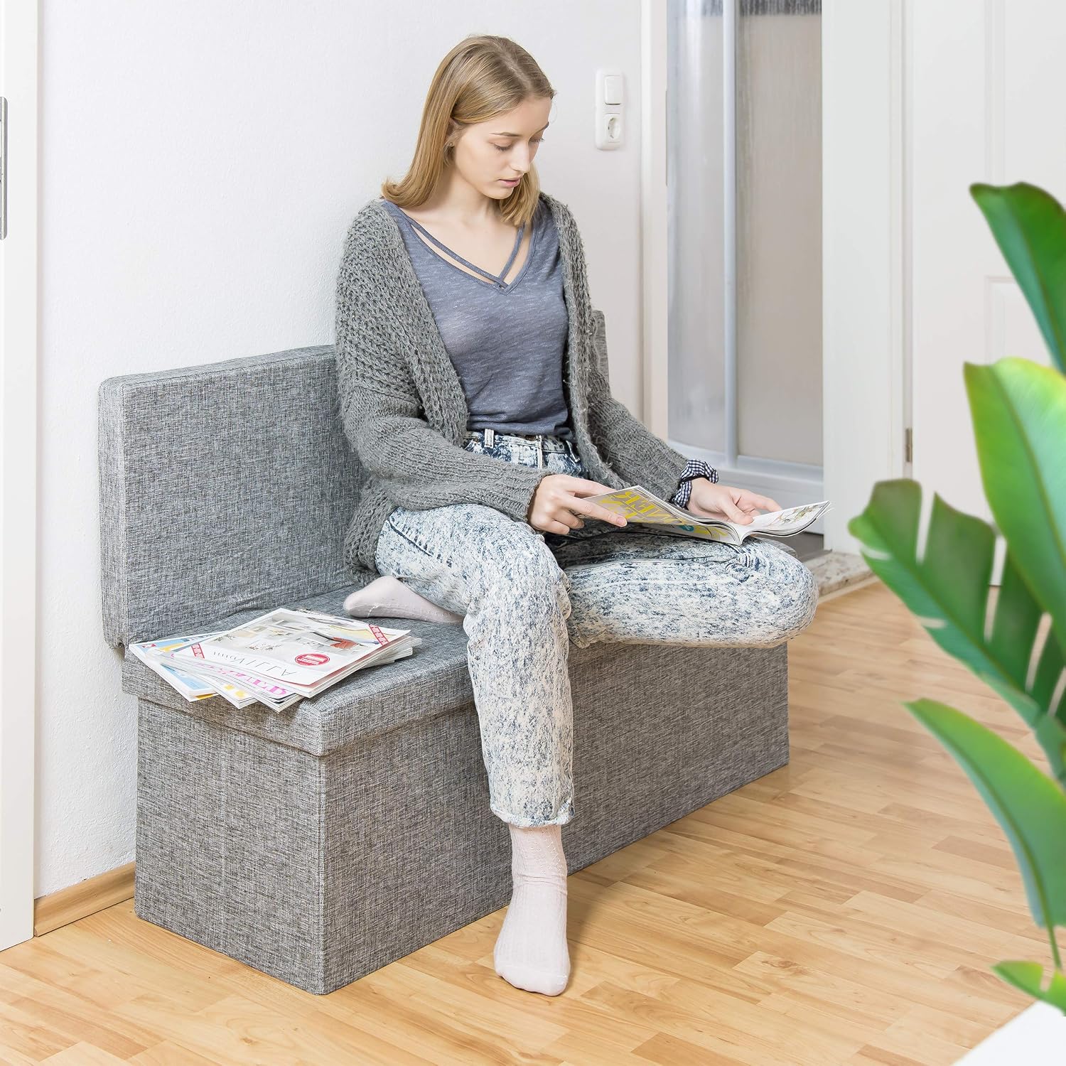 Relaxdays Folding XL Storage Ottoman with Seat Back, 73 x 114 x 38 cm Sturdy Footstool Bench Linen with Removable Lid, Grey - Image 3