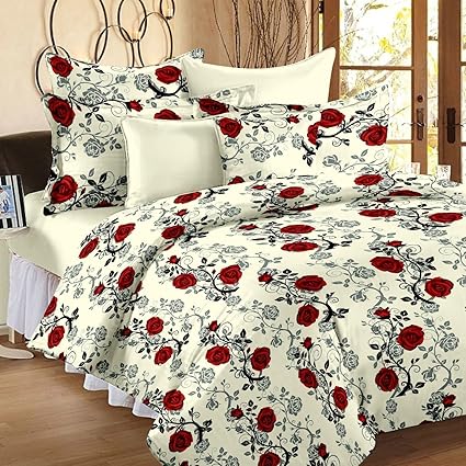 Ahmedabad Cotton Floral 136 TC Cotton Double Bedsheet with 2 Pillow Covers - Checkered, Beige and Red