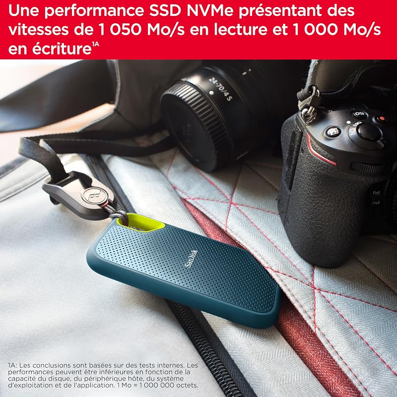 Extreme Disque SSD Externe 1 To (jusqu'à 1050 Mo/s en lecture, 1000 Mo/s en écriture, USB-C, Portable NVMe, Résistance à la poussière et à l'eau classée IP65, Mousqueton pratique)Monterey