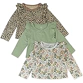 HonestBaby Baby-Girls 3 Pack Long Sleeve Ruffle T-Shirts 100% Organic Cotton for Toddler, Baby Girls