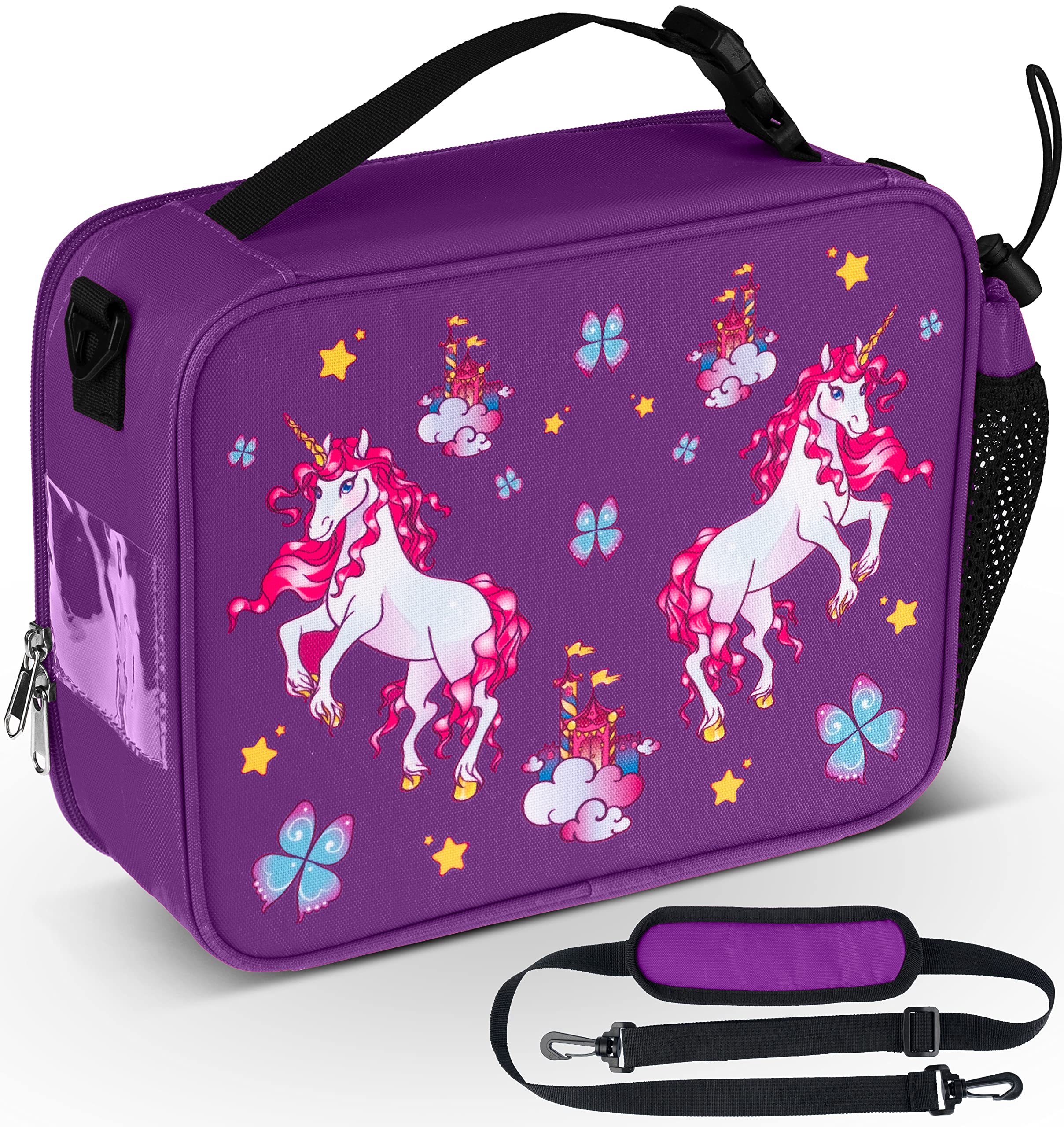 HeavenlyUnicorns Insulated Purple Unicorn Kids Lunch Bag for Girls Child with Bottle Holder, Carry Handle & Shoulder Strap, Kids Lunch Box Snack Box Tote Cooler Bag for School Picnic Outdoor or Work