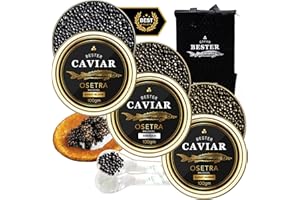 BESTER CAVIAR Luxury Osetra Trio Gift Set – 3 Tins (3.5 oz Each) – Karat Black, Karat Amber & Siberian Osetra – Caviar Serving Set with Mini Blinis (30 pcs), 3 Spoons & Cooler Box