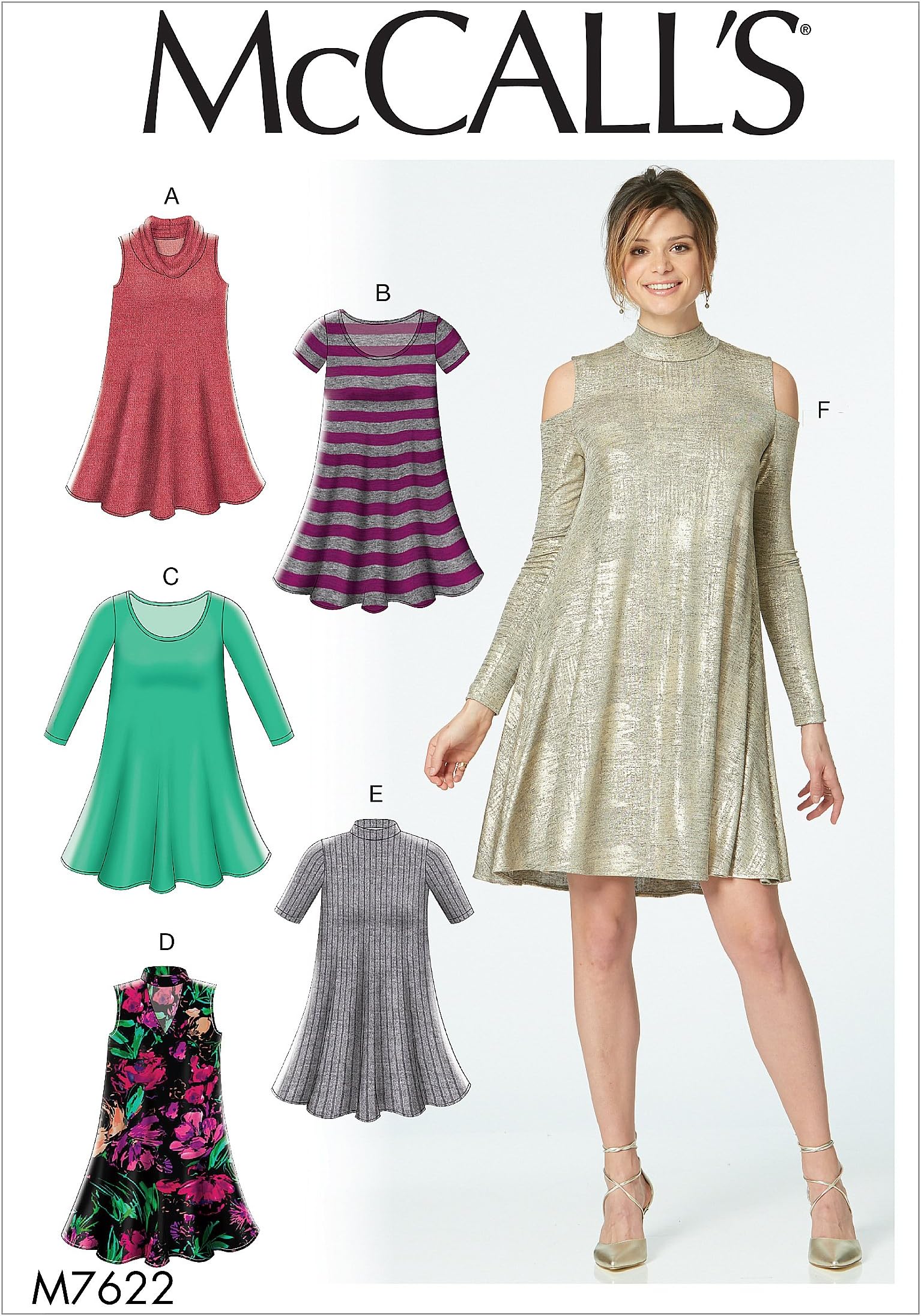 McCall's Patterns Misses Knit Swing Dresses with Neckline and Sleeve Variations