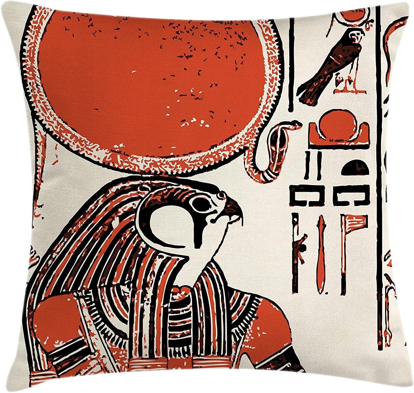 JIMSTRES Egyptian Throw Pillow Cushion Cover, Old Papyrus Manuscript Sketch Man with Bird Head Snake Hieroglyph, Decorative Square Accent Pillow Case,Black Vermilion and Cream 18x18 inches
