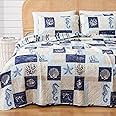 Great Bay Home Twin/Twin XL Coastal Bedding Set, Summer Coastal Quilt with Sham, Beach 2-Piece Reversible All Season Bedspread Quilt Set. Lightweight Nautical Quilted Coverlet. Navy/Taupe