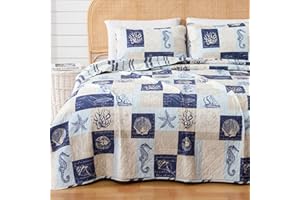 Great Bay Home Twin/Twin XL Coastal Bedding Set, Summer Coastal Quilt with Sham, Beach 2-Piece Reversible All Season Bedspread Quilt Set. Lightweight Nautical Quilted Coverlet. Navy/Taupe