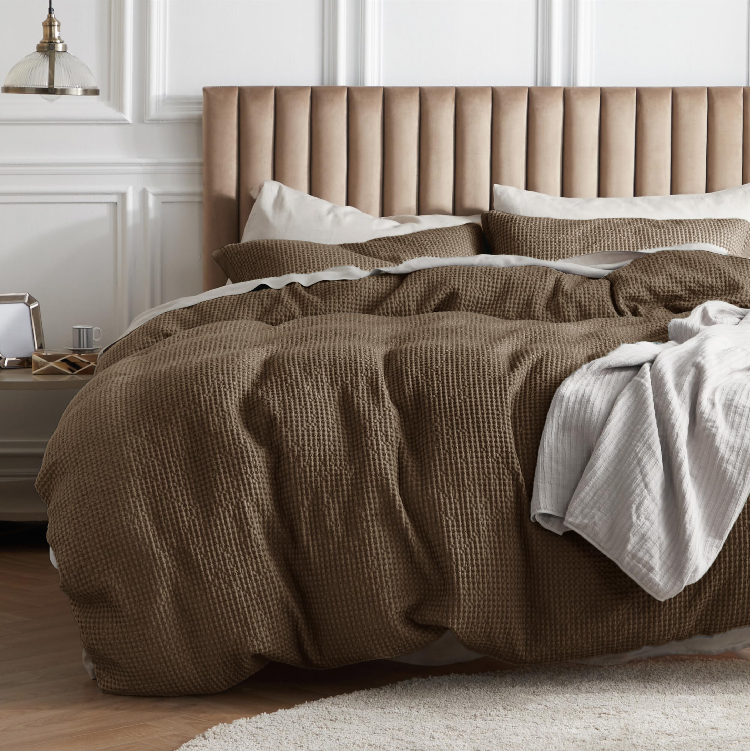 Photo 1 of Bedsure Cotton Duvet Cover Queen Size - 100% Cotton Waffle Weave Brown Duvet Cover Queen Size, GentleSoft™ and Breathable Bedding Set for All Season, 3 Pieces, 90"x90"