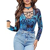 Avidlove Women Long Sleeve Bodysuit Deep V Neck Body Suits Mesh One Piece Leotard Going Out Tops with Sexy Choker