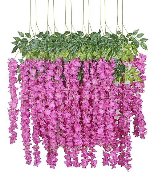 Duovlo 12 Piece Artificial Silk Wisteria Vine 3.6 Feet Ratta Hanging Flower Garland String Home Party Wedding Decor (New Rose Red)