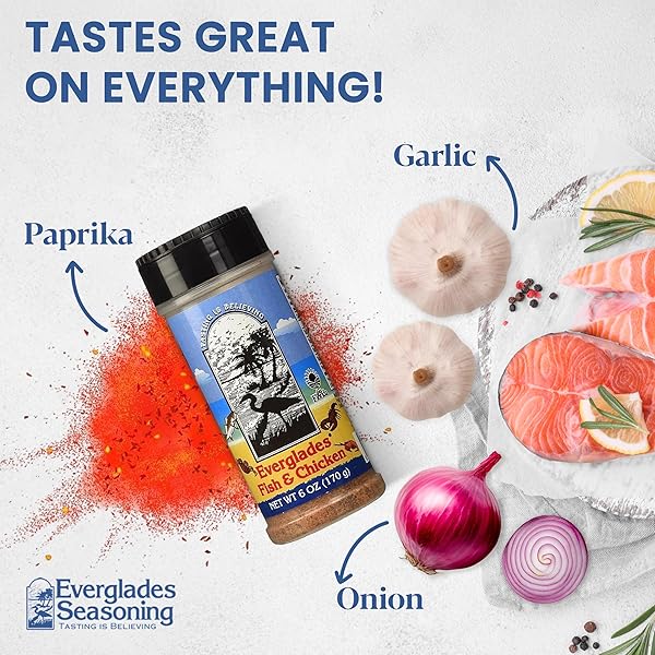 EVERGLADES FISH & CHICKEN SEASONING FOR SHRIMP, FISH, CRAB, LOBSTER & POULTRY USE IN BATTER, BOILS, OR SPRINKLE FOR BROILING & GRILLING MADE IN THE USA 6OZ