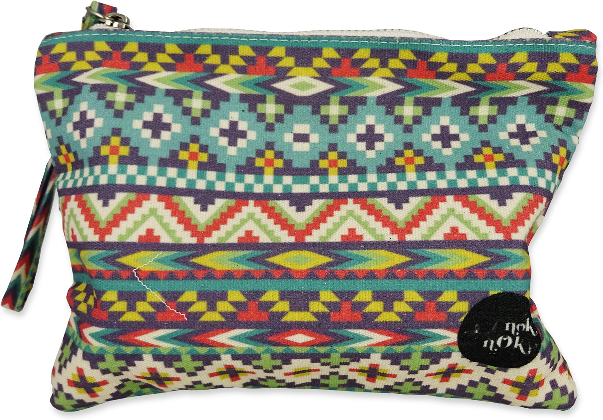 Printed Canvas Pouch, Mini Card Holder, Coin Purse with Zipper in Aztec Pattern - 021