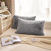 MOOWOO 2pc Faux Fur Pillowcases,Sherpa Plush Fluffy Fuzzy Pillow Cover, No Inside Filler, Zipper Closure Home Bedroom Living Room Decorative Throw Cover for Couch Sofa (Gray, 2 Pillow Cases 20"x30")
