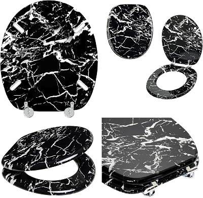 Optimal Products Anti-Bacterial Black Marble Effect Toilet Seat Stainless Steel