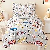 Mooreeke 4 Pieces Toddler Bedding Set - Soft Race Cars Toddler Comforter Sets for Girls, Includes Quilted Comforter, Flat Sheet, Fitted Sheet and Pillowcase, Bed in A Bag for Baby Bedroom