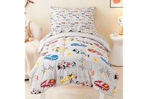 Mooreeke 4 Pieces Toddler Bedding Set - Soft Race Cars Toddler Comforter Sets for Girls, Includes Quilted Comforter, Flat Sheet, Fitted Sheet and Pillowcase, Bed in A Bag for Baby Bedroom