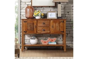 48" Solid Wood Sideboard Console Table with 2 Drawers & 2 Cabinets, Retro Farmhouse Buffet Server for Dining Room, Storage Ca