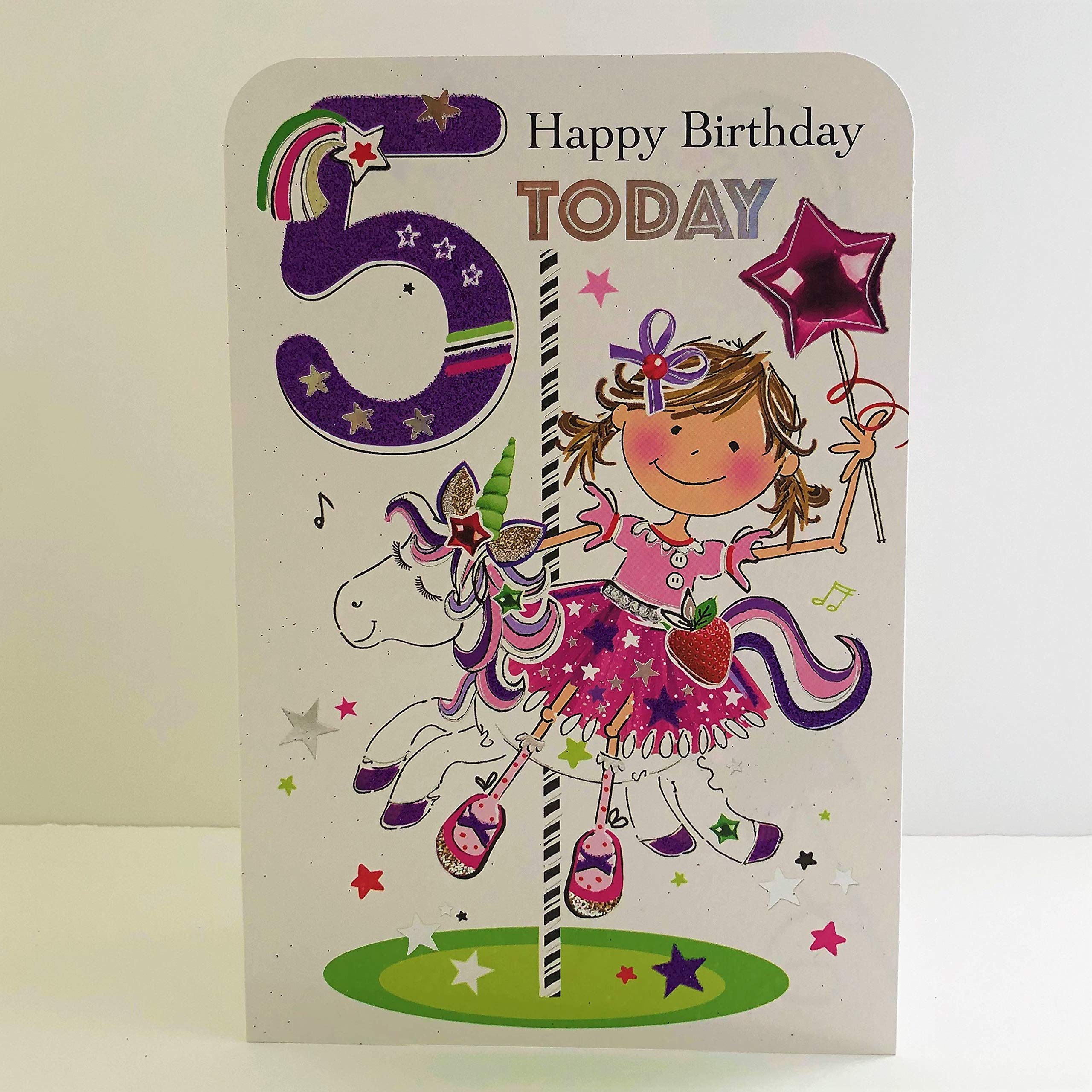 Jonny Javelin Girl Age 5 Birthday Card - Unicorn