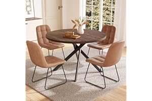 HIPIHOM 45.3 Inch Round Dining Table Set for 4, Mid Century Modern Small Coffee Set for Dining Room Kitchen Apartment (Dark Walnut Table + 4 U-Shaped Brown Chairs)