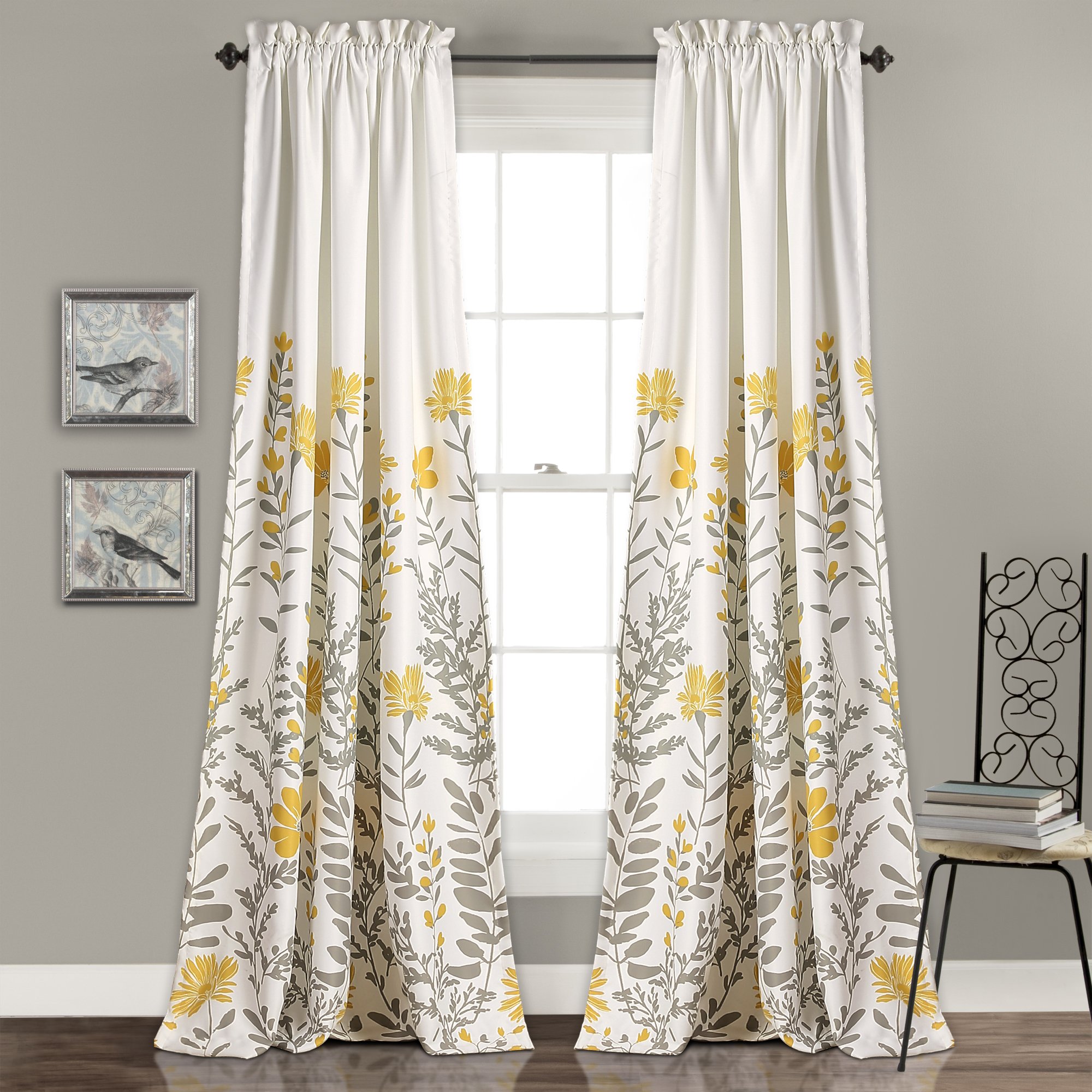 Lush Decor Aprile Room Darkening Curtains Floral Leaf Design Window Panel Drapes Set for Living, Dining, Bedroom (Pair), 52" W x 84" L, Yellow & Gray — image 1