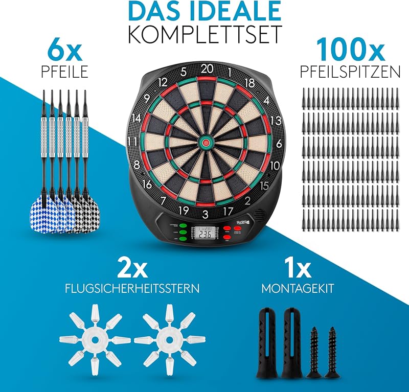 [DAS ORIGINAL] - Elektronische Dartscheibe Profi - Dartboard mit 6 Darts [kabellos nutzbar] - Innovativer Dartautomat mit 65 Varianten - Double IN & Double Out - für 1 bis 8 Spieler