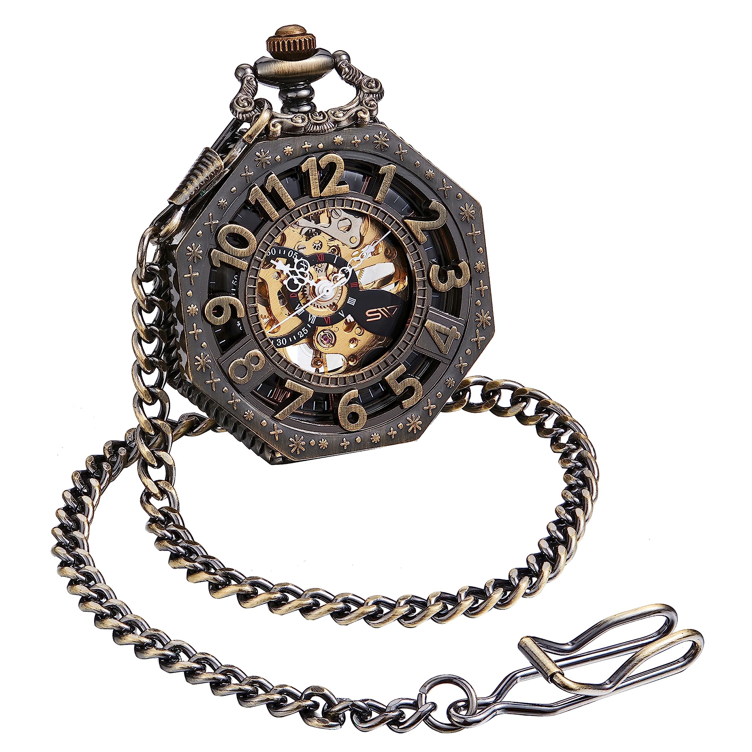 ShoppeWatch Men’s Pocket Watch with Chain | Hand Winding Vintage Pocket Watch | Classic Mechanical Movement Pocketwatch | 1920s Railroad Steampunk Costume Accessory