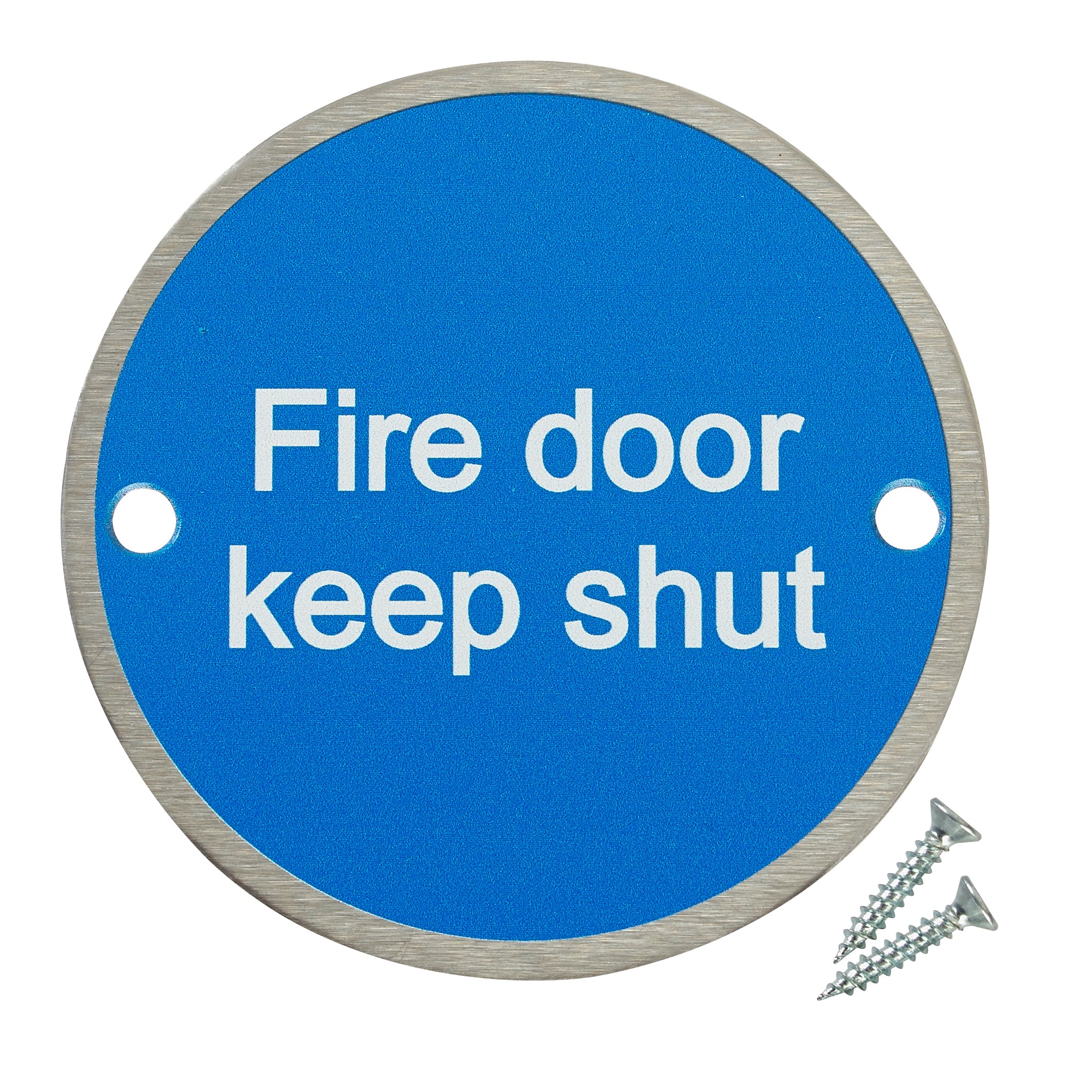 Fire Door Guru® - Fire Door Keep Shut - Pack of 10 - Stainless Steel Safety Sign 76mm Disc - Fixings Included