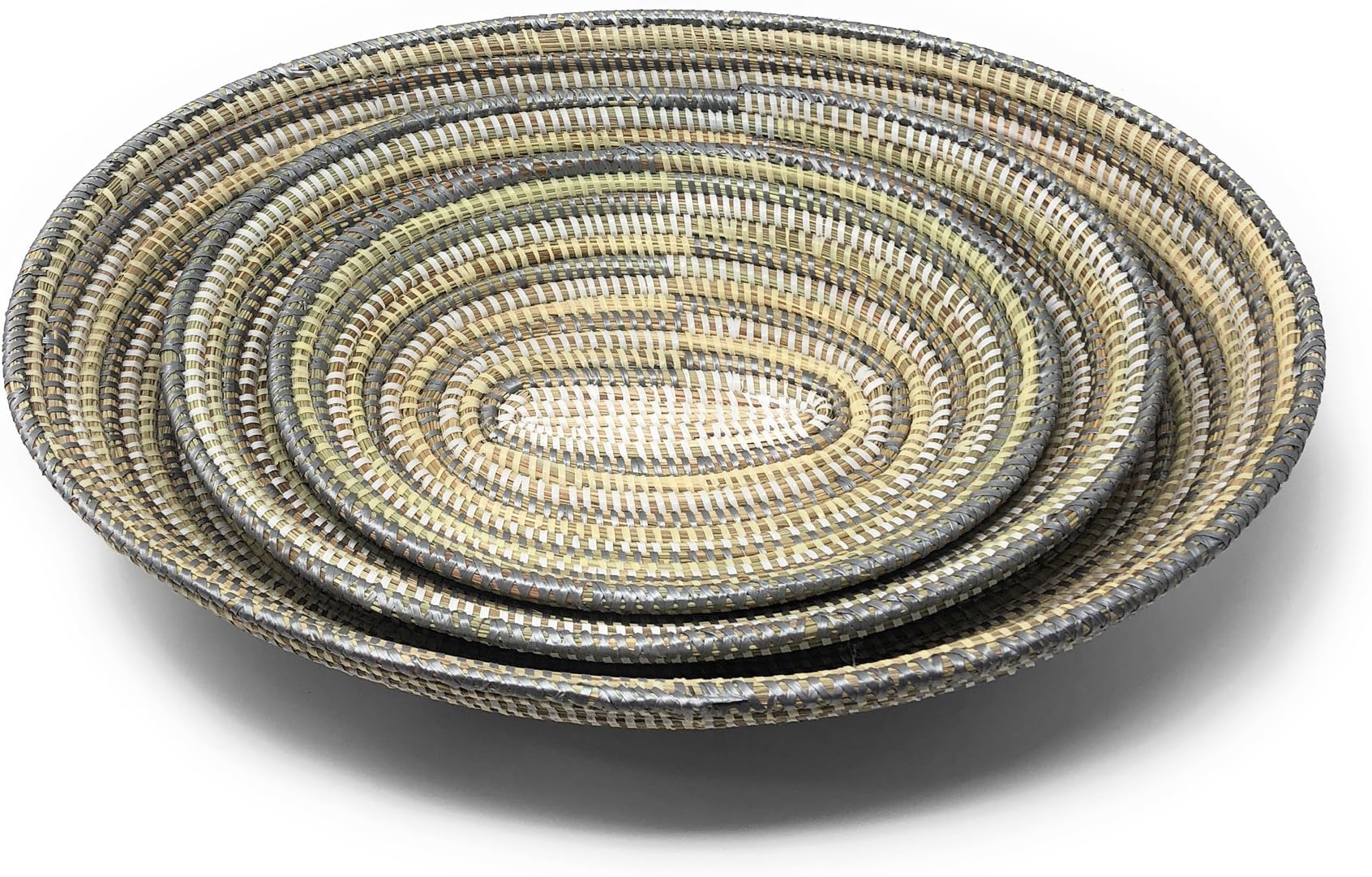 African Fair Trade Striped Oval Prayer Mat Baskets, Silver/Cream/White, Set of 3