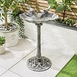 CHRISTOW Clam Shell Resin Bird Bath Grey 80cm Garden Pedestal Standing view 2
