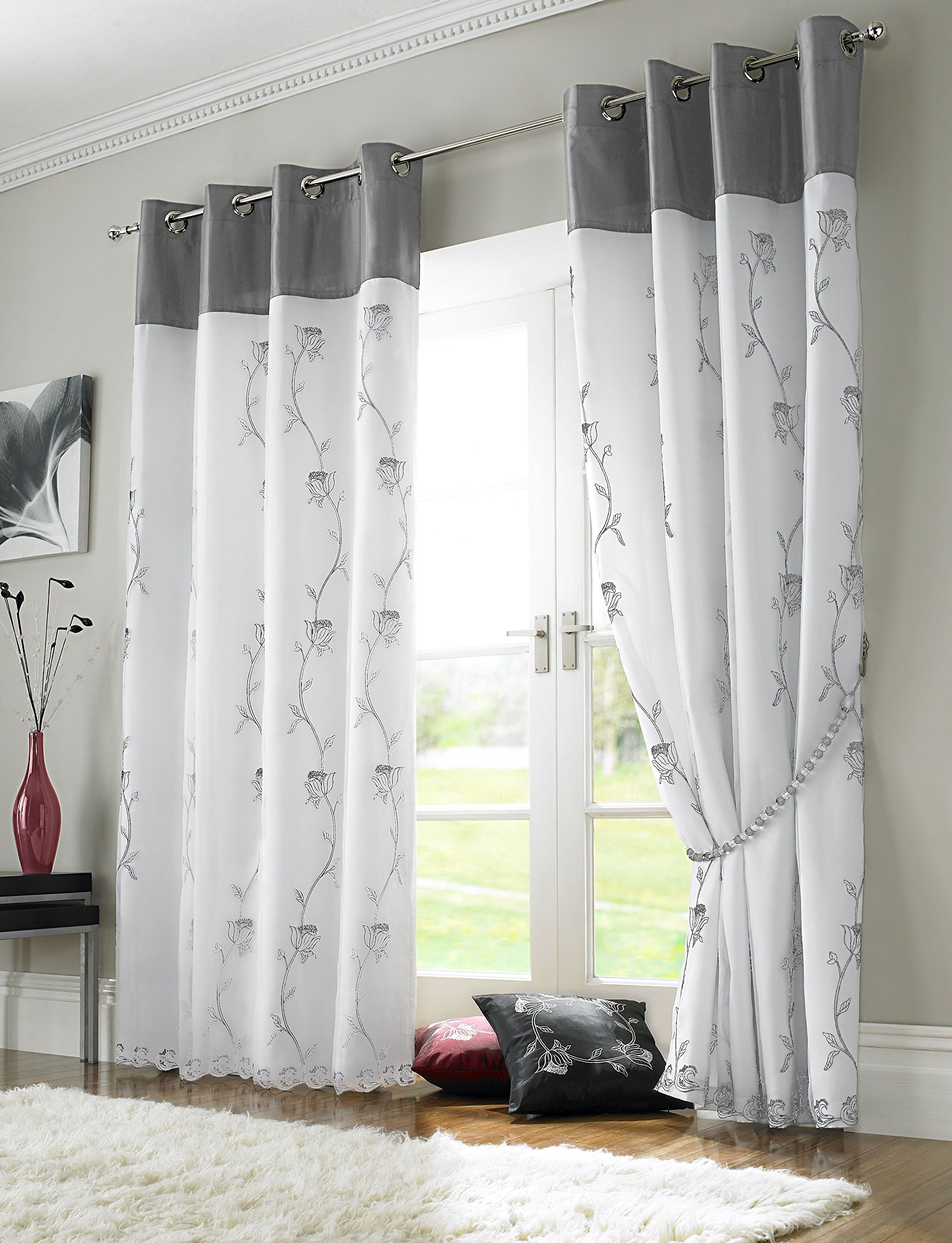Tahiti Lined Organza Voile Embroidered Eyelet Curtains Silver (56-Inch x 54-Inch)