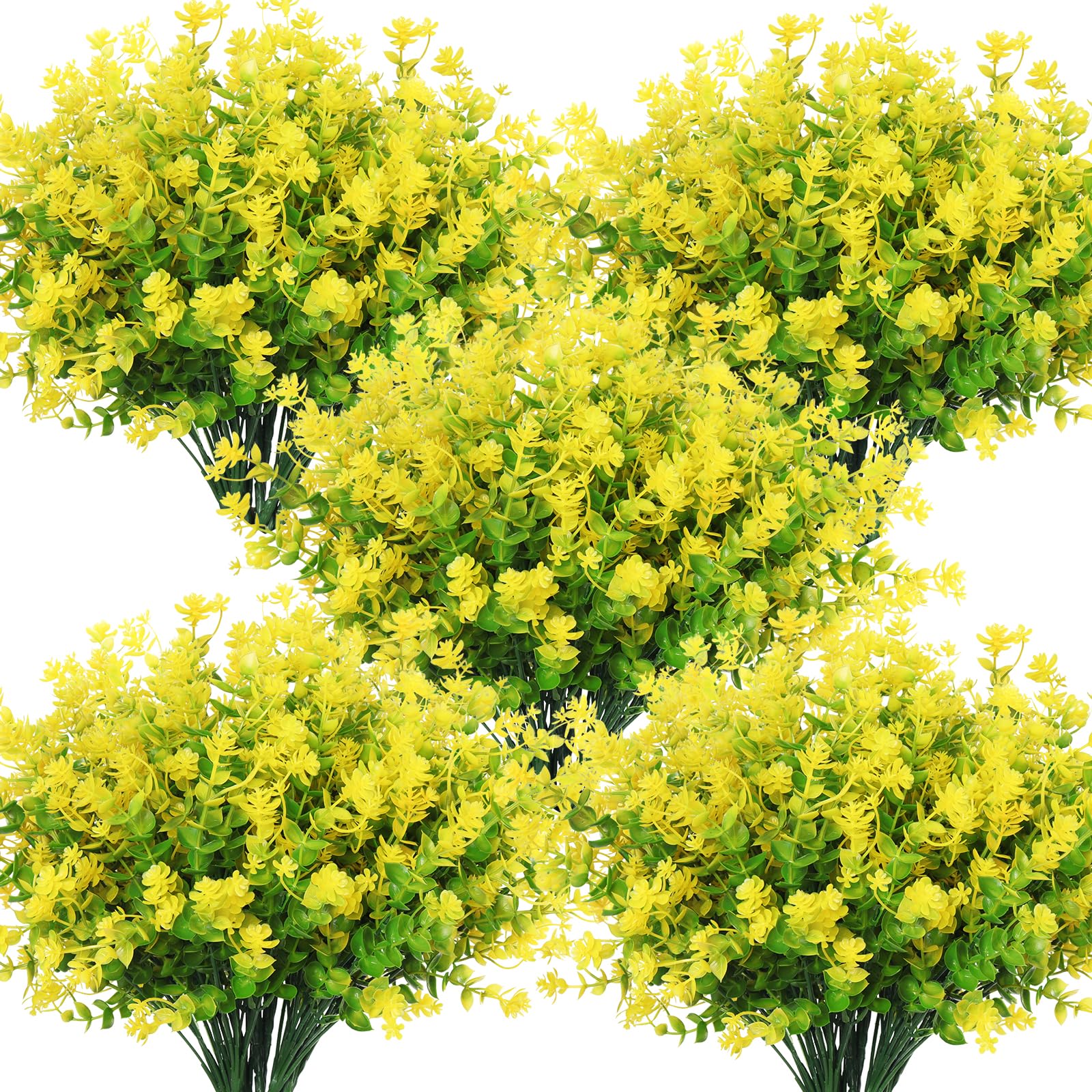 RECUTMS Spring Greenery 10 Bundles Artificial Fake Flowers, Artificial Boxwood Plants,Faux Outdoor Plastic Plants UV Resistant Shrubs Fake Outdoor Plants Outside Indoor Decorations(Yellow)
