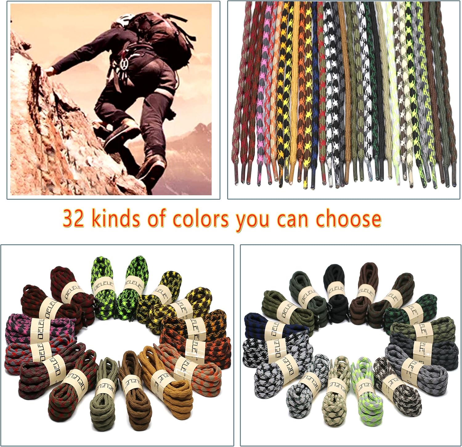 DELELE 2 Pair Round Wave Shape Non Slip Heavy Duty and Durable Outdoor Climbing Shoelaces Hiking Shoe Laces Shoestrings: Shoes