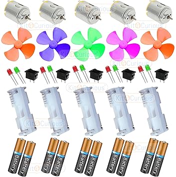 Kit4Curious DIY Science Projects Kit DC Motor, Fan, LED, Switch, AA Cell and Holder with Instruction Manual