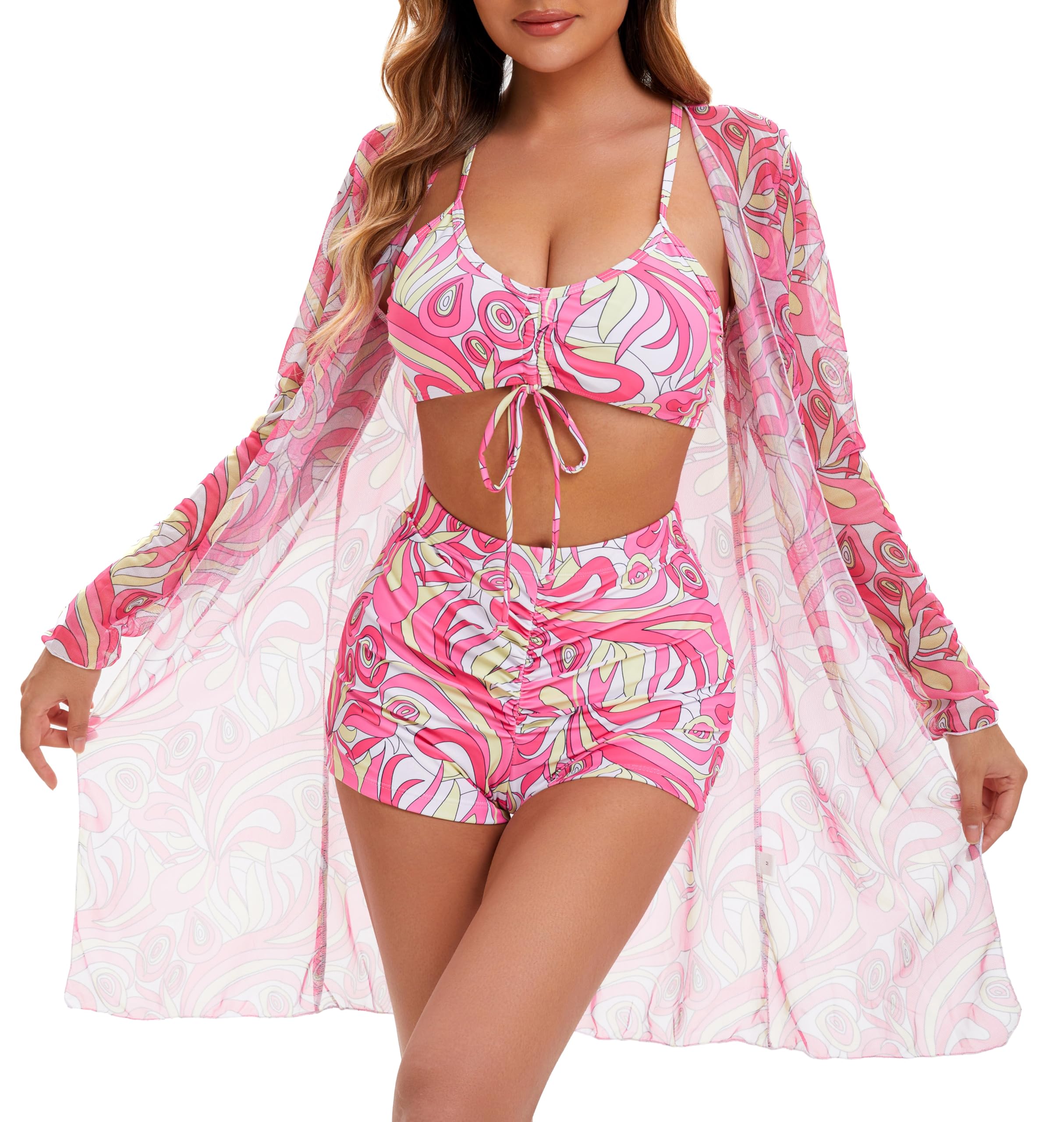 Photo 1 of ***MISSING TOP***Yknktstc Womens 3 Pieces Bikini Set Swimsuit Tropical Beach Cover up Kimono Swimwear Bathing Suit with Boy Shorts L 03