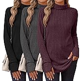 Ficerd 3 Pack Women's Turtleneck Long Sleeve Tunic Sweater Thumbhole, Ribbed Raglan Curved Hem Knit Shirts Loose Fall Winter