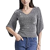 PEIQI Women's Shiny Top 3/4 Sleeve Shimmer Glitter Sparkly Blouse for Cocktail Party Evening Shirt