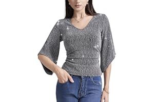 PEIQI Women's Shiny Top 3/4 Sleeve Shimmer Glitter Sparkly Blouse for Cocktail Party Evening Shirt