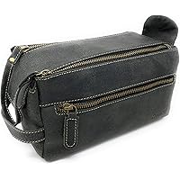 KOMALC Premium Buffalo Leather Unisex Toiletry Bag Travel Dopp Kit (Charcoal Black)